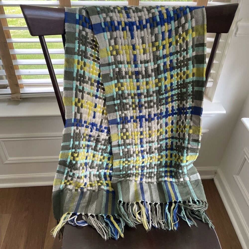 Stile Benetton Large Basketweave Scarf Blue Olive Green Yellow Unisex